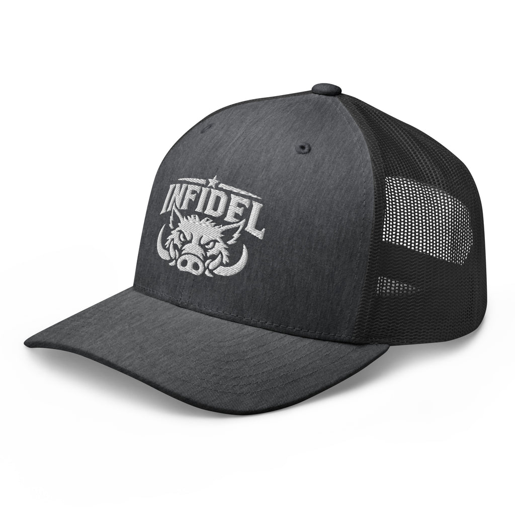 Dark Heather Gray snapback trucker cap with embroidered INFIDEL War Pig design, left front view
