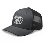 Dark Heather Gray snapback trucker cap with embroidered INFIDEL War Pig design, left front view