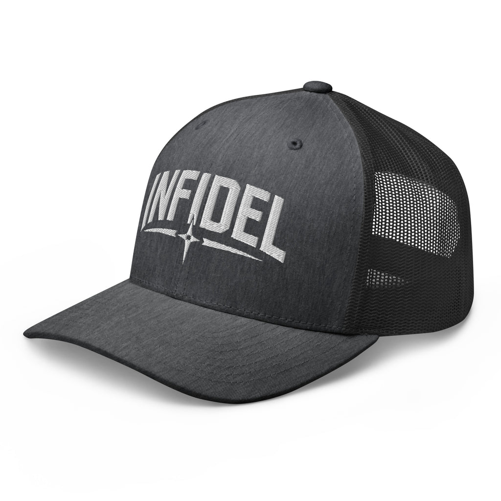 Dark Heather Gray snapback trucker cap with embroidered Infidel Spike design, left front view