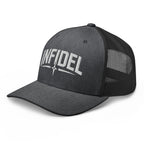 Dark Heather Gray snapback trucker cap with embroidered Infidel Spike design, left front view