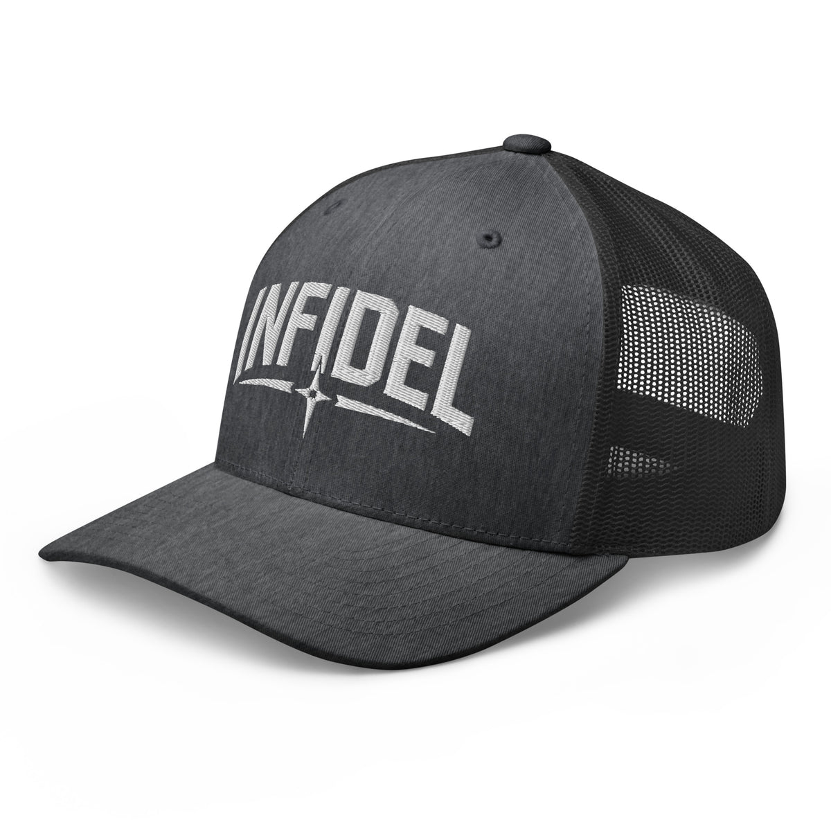 Dark Heather Gray snapback trucker cap with embroidered Infidel Spike design, left front view
