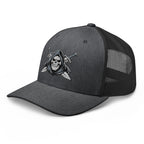 Dark Heather Gray snapback trucker cap with embroidered Only Fear Infidel reaper design, left front view