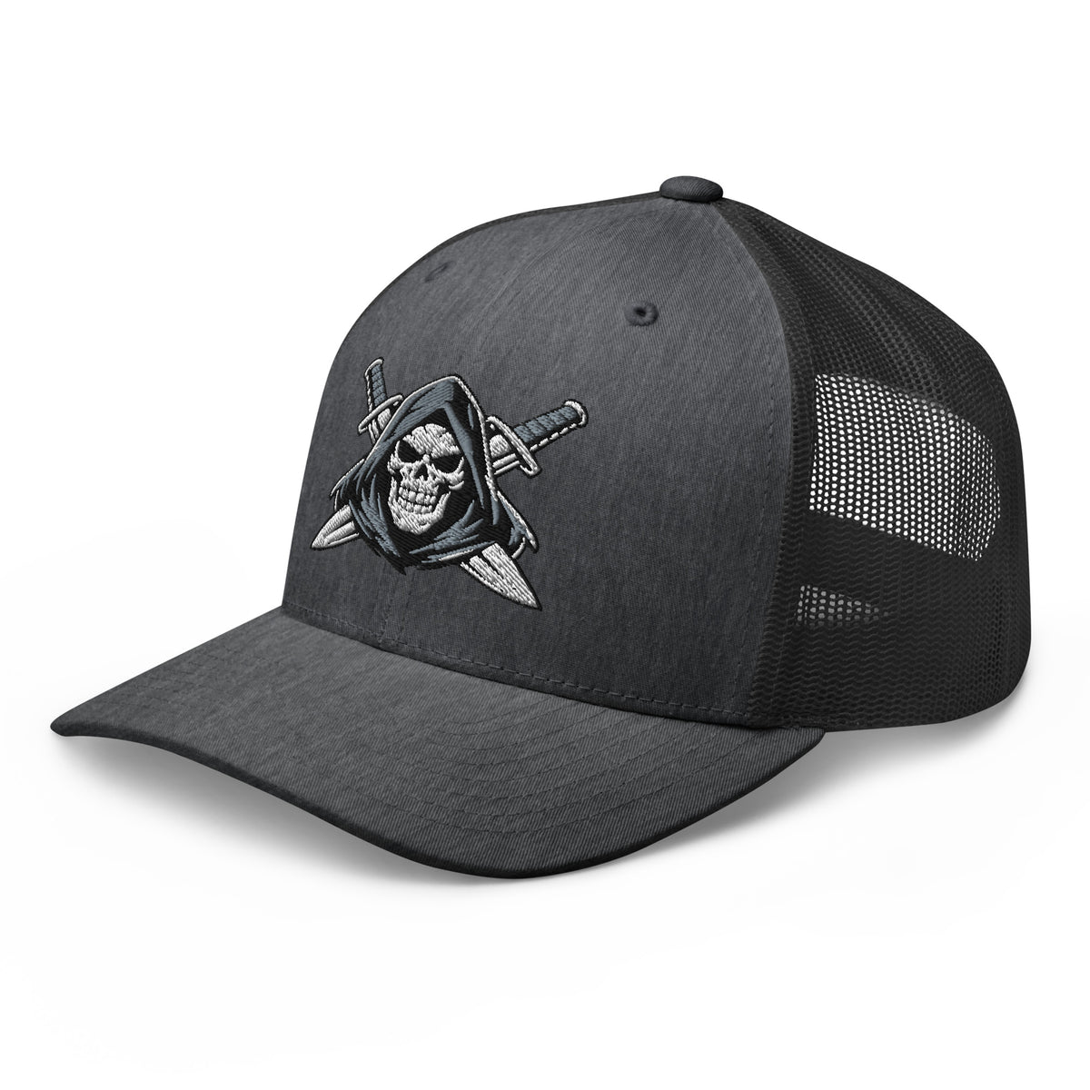 Dark Heather Gray snapback trucker cap with embroidered Only Fear Infidel reaper design, left front view