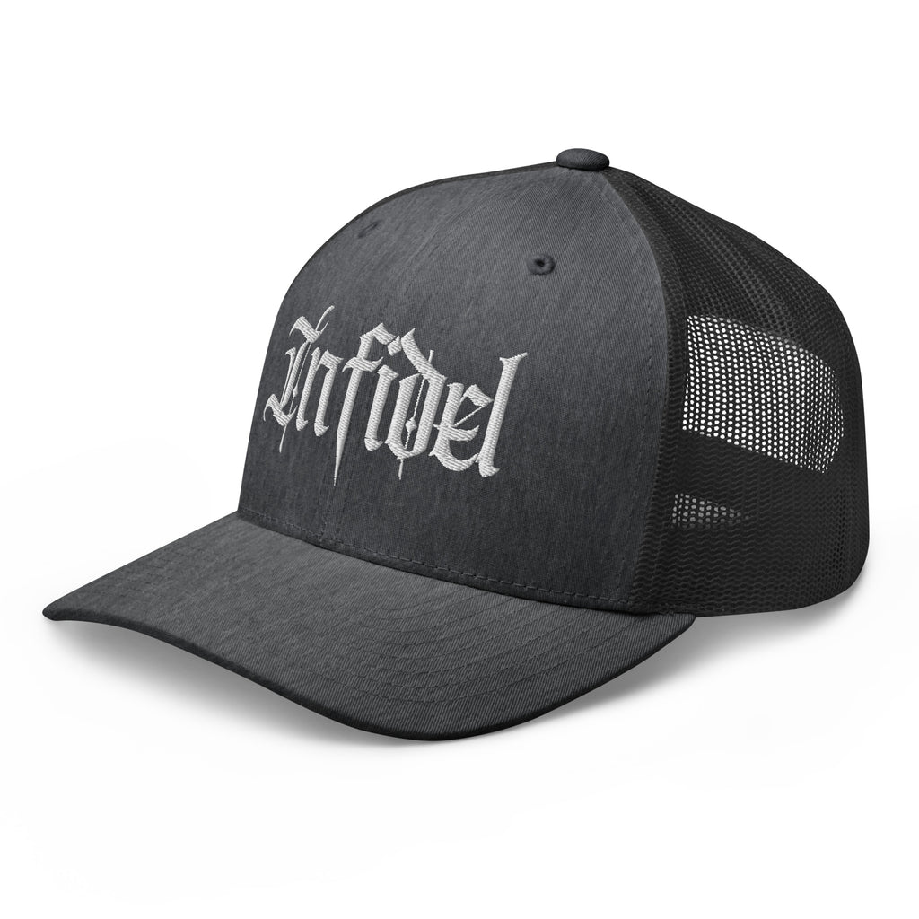 Dark Heather Gray snapback trucker cap with embroidered Infidel Script design, left front view