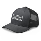 Dark Heather Gray snapback trucker cap with embroidered Infidel Script design, left front view