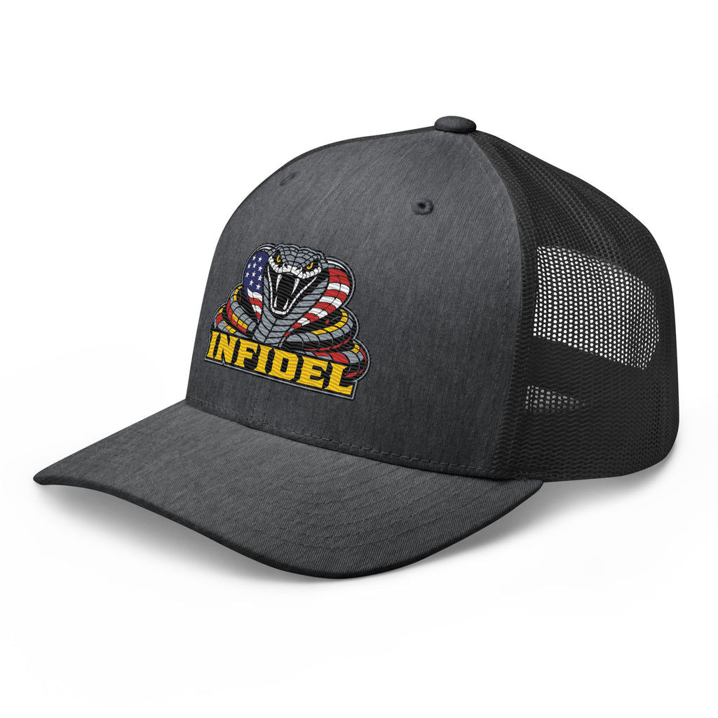 Dark Heather Gray mesh-back trucker cap with embroidered INFIDEL USA Flag Cobra design, left front view