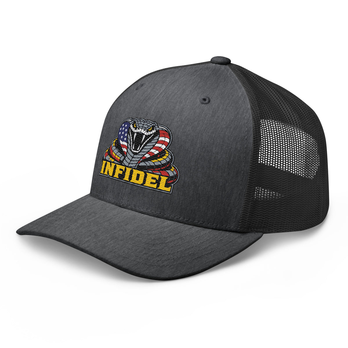 Dark Heather Gray mesh-back trucker cap with embroidered INFIDEL USA Flag Cobra design, left front view