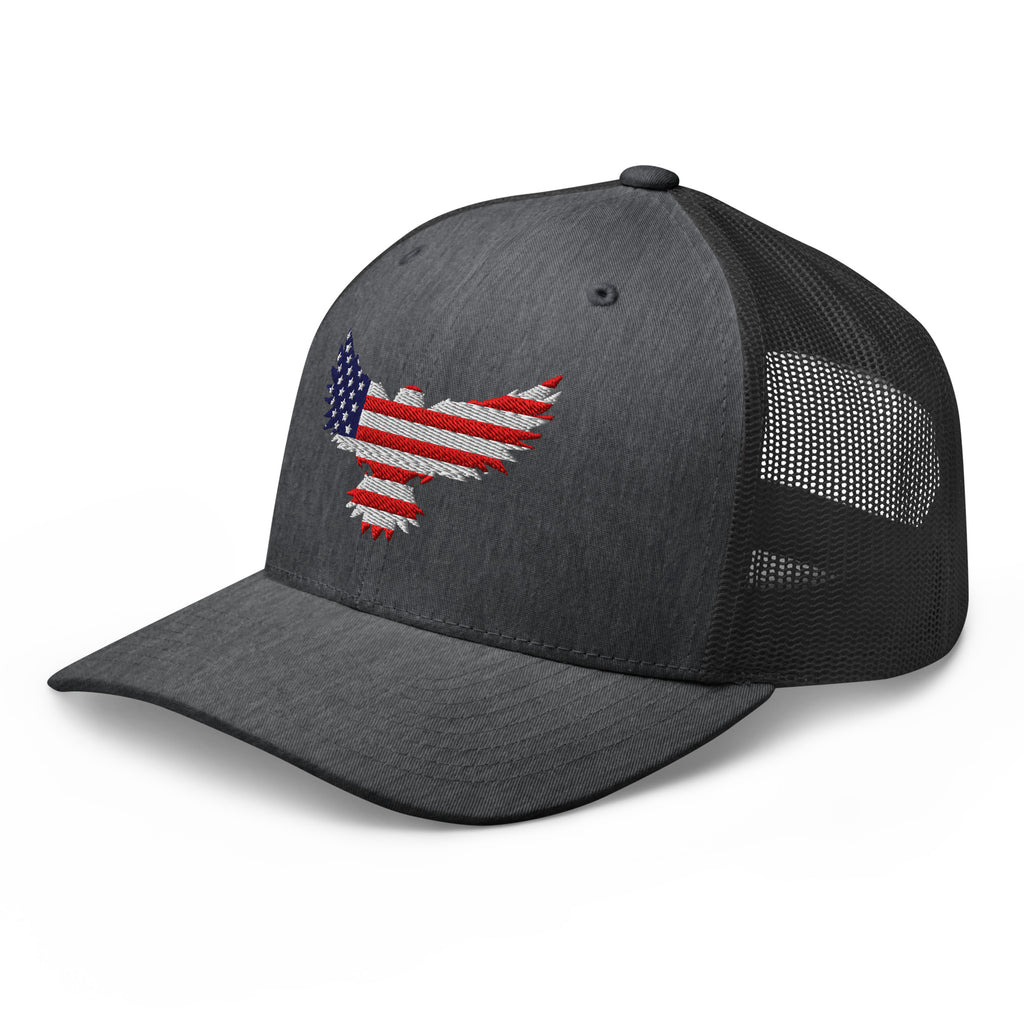 Dark Heather Gray trucker snapback cap, left front view with Old Glory Eagle embroidery