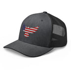 Dark Heather Gray trucker snapback cap, left front view with Old Glory Eagle embroidery