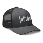 Dark Heather Gray, snapback hat, with embroidered OG INFIDEL mark, right front view