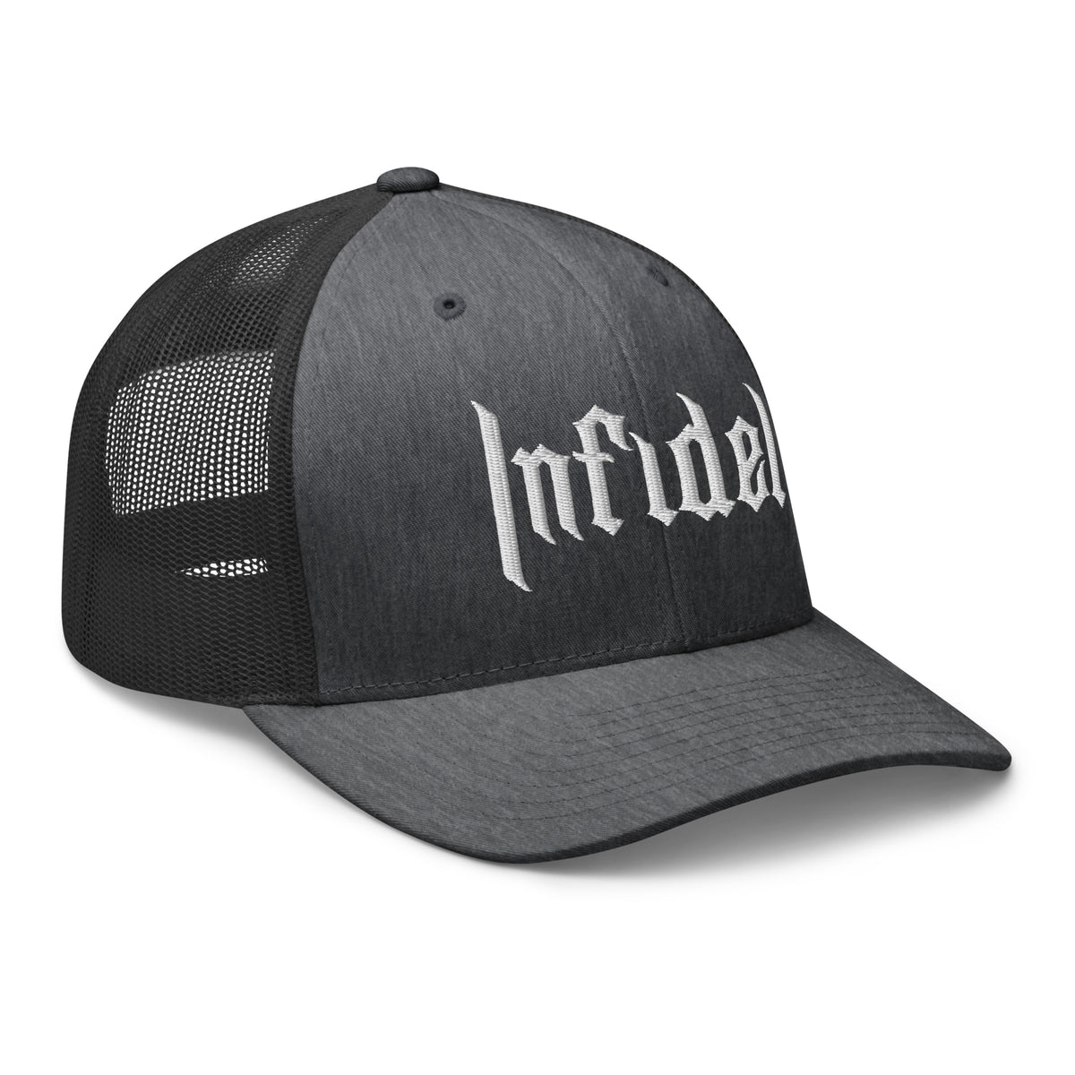 Dark Heather Gray, snapback hat, with embroidered OG INFIDEL mark, right front view