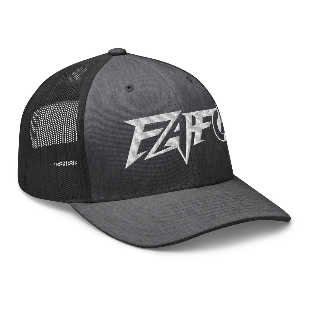 Dark Heather Gray snapback trucker cap with embroidered FAFO Power design, right front view