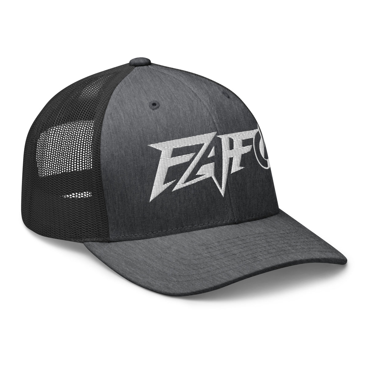 Dark Heather Gray snapback trucker cap with embroidered FAFO Power design, right front view
