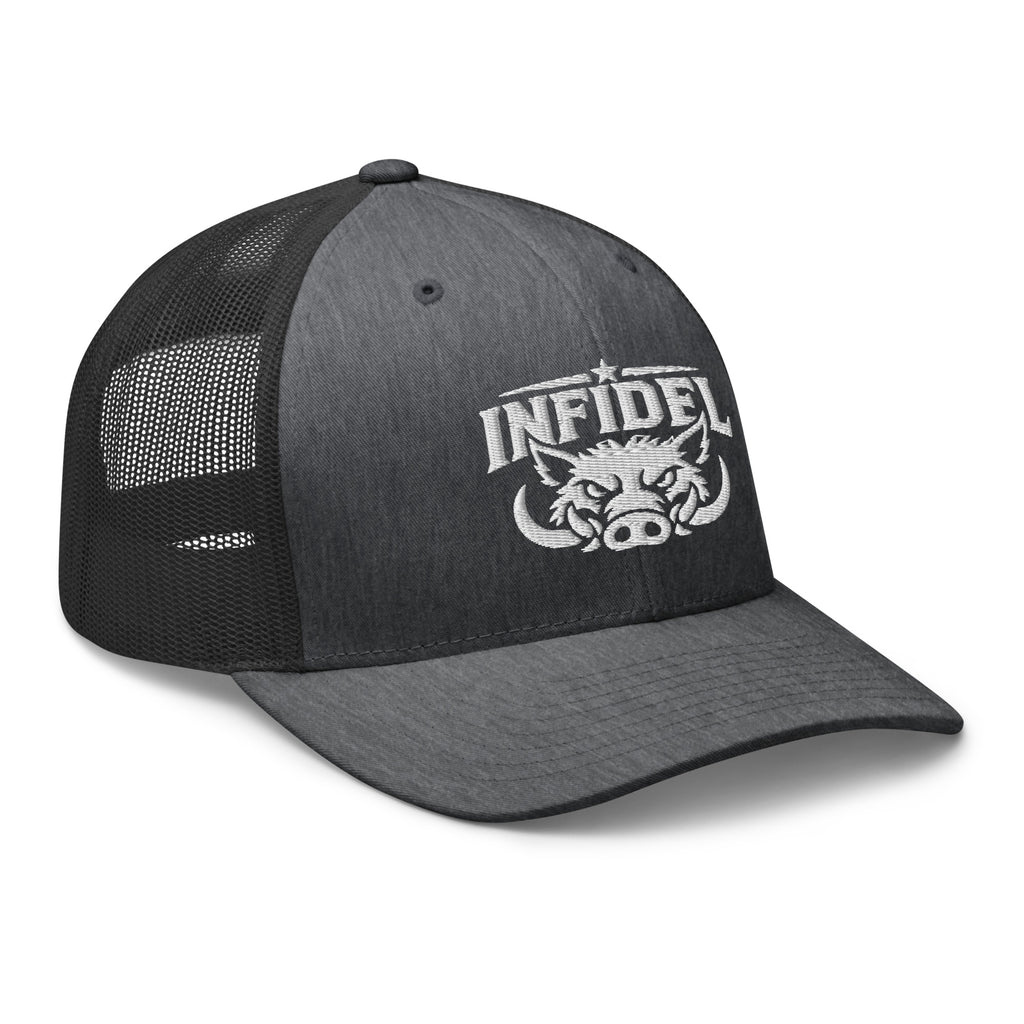 Dark Heather Gray snapback trucker cap with embroidered INFIDEL War Pig design, right front view