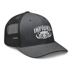 Dark Heather Gray snapback trucker cap with embroidered INFIDEL War Pig design, right front view