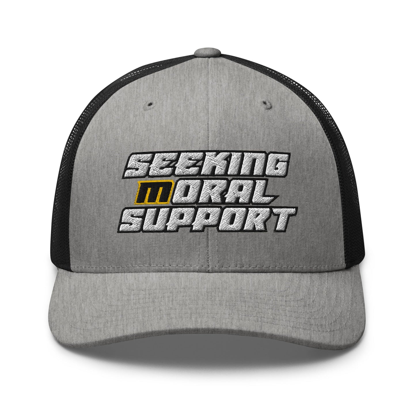 Heather-Black Snapback Custom Trucker Hat – Funny NSFW Seeking M-oral Support Vulgar Humor Infidel Collective