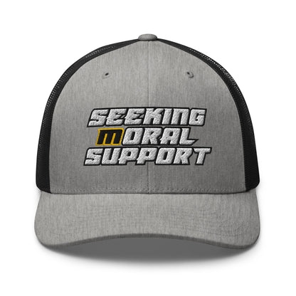 Heather-Black Snapback Custom Trucker Hat – Funny NSFW Seeking M-oral Support Vulgar Humor Infidel Collective