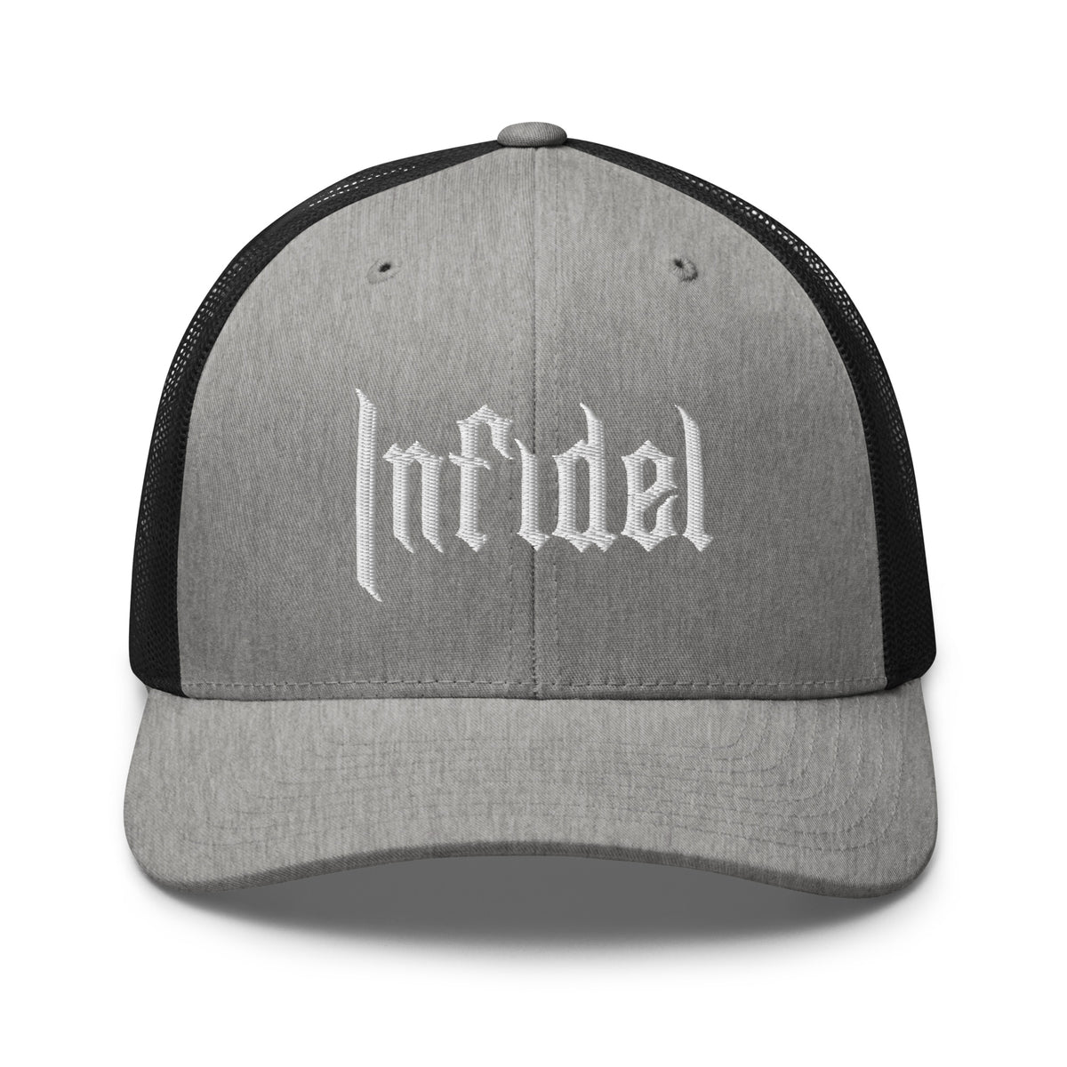 Heather Black, snapback hat, with embroidered OG INFIDEL mark, front view