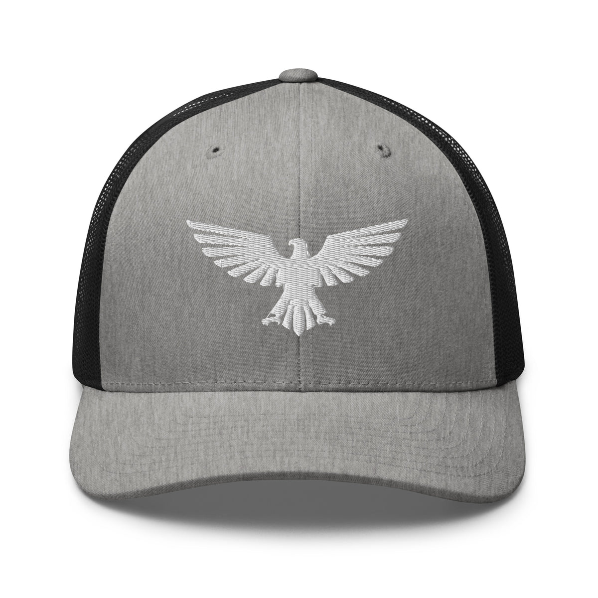 Heather Black, snapback hat, with embroidered patriotic eagle crest, front view