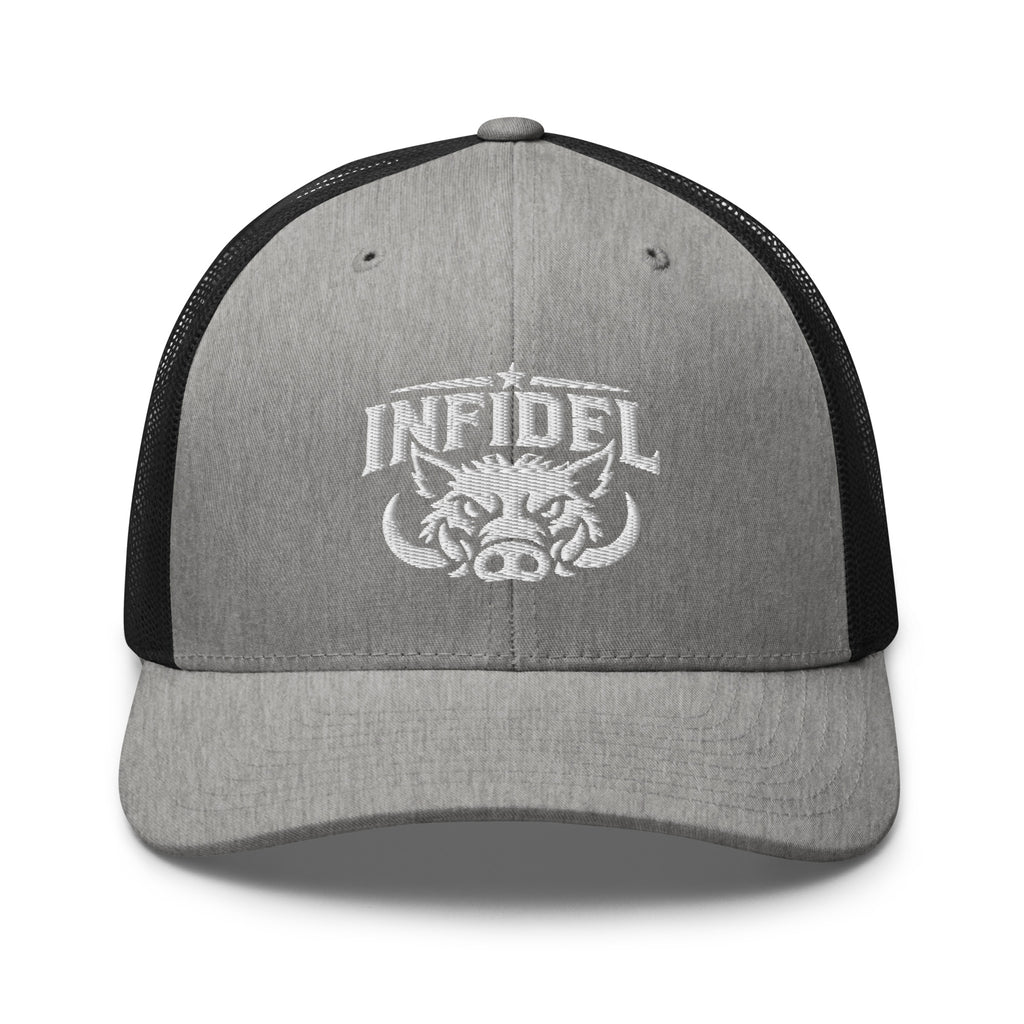 Heather Black snapback trucker cap with embroidered INFIDEL War Pig design, front view