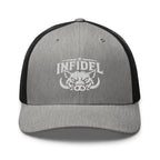 Heather Black snapback trucker cap with embroidered INFIDEL War Pig design, front view