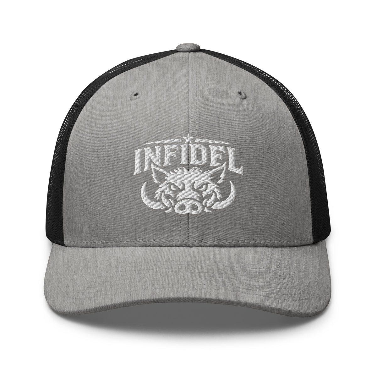 Heather Black snapback trucker cap with embroidered INFIDEL War Pig design, front view