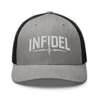 Heather Black snapback trucker cap with embroidered Infidel Spike design, front view