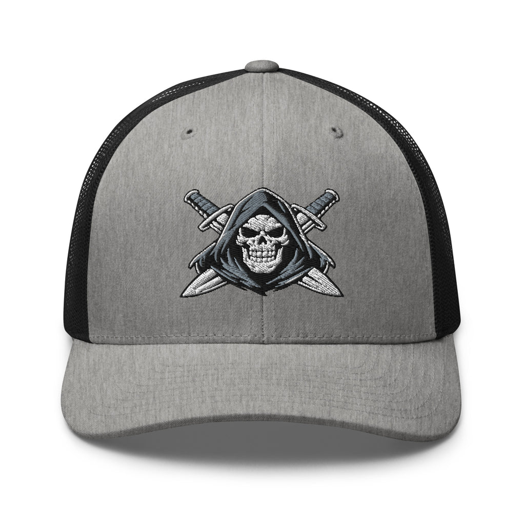 Heather Black snapback trucker cap with embroidered Only Fear Infidel reaper design, front view