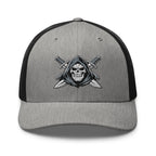 Heather Black snapback trucker cap with embroidered Only Fear Infidel reaper design, front view