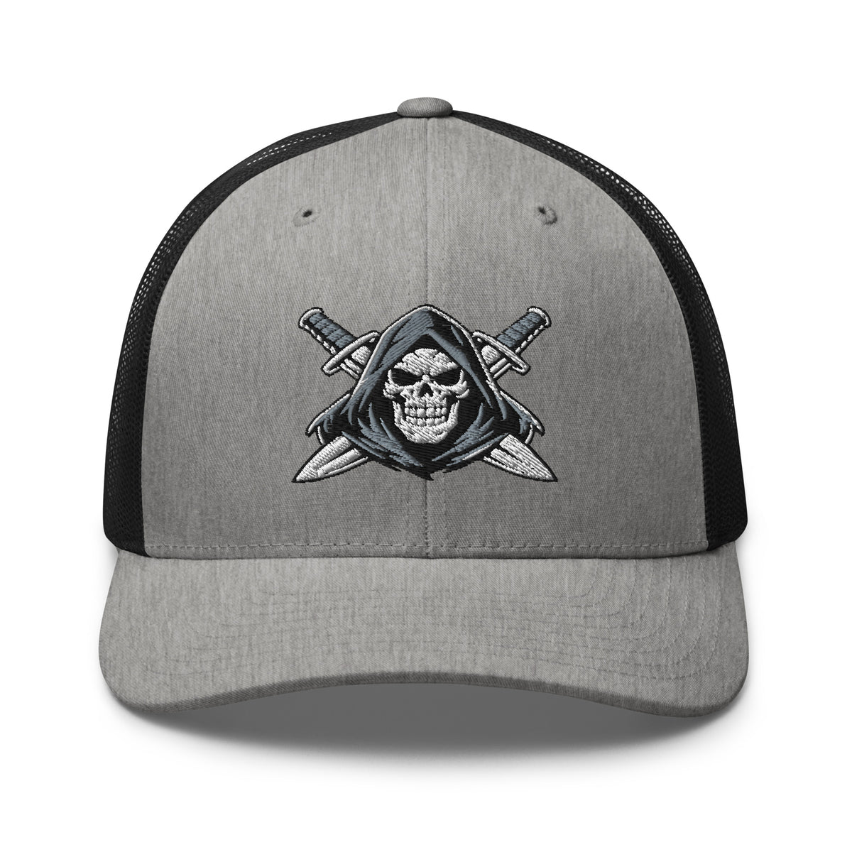 Heather Black snapback trucker cap with embroidered Only Fear Infidel reaper design, front view
