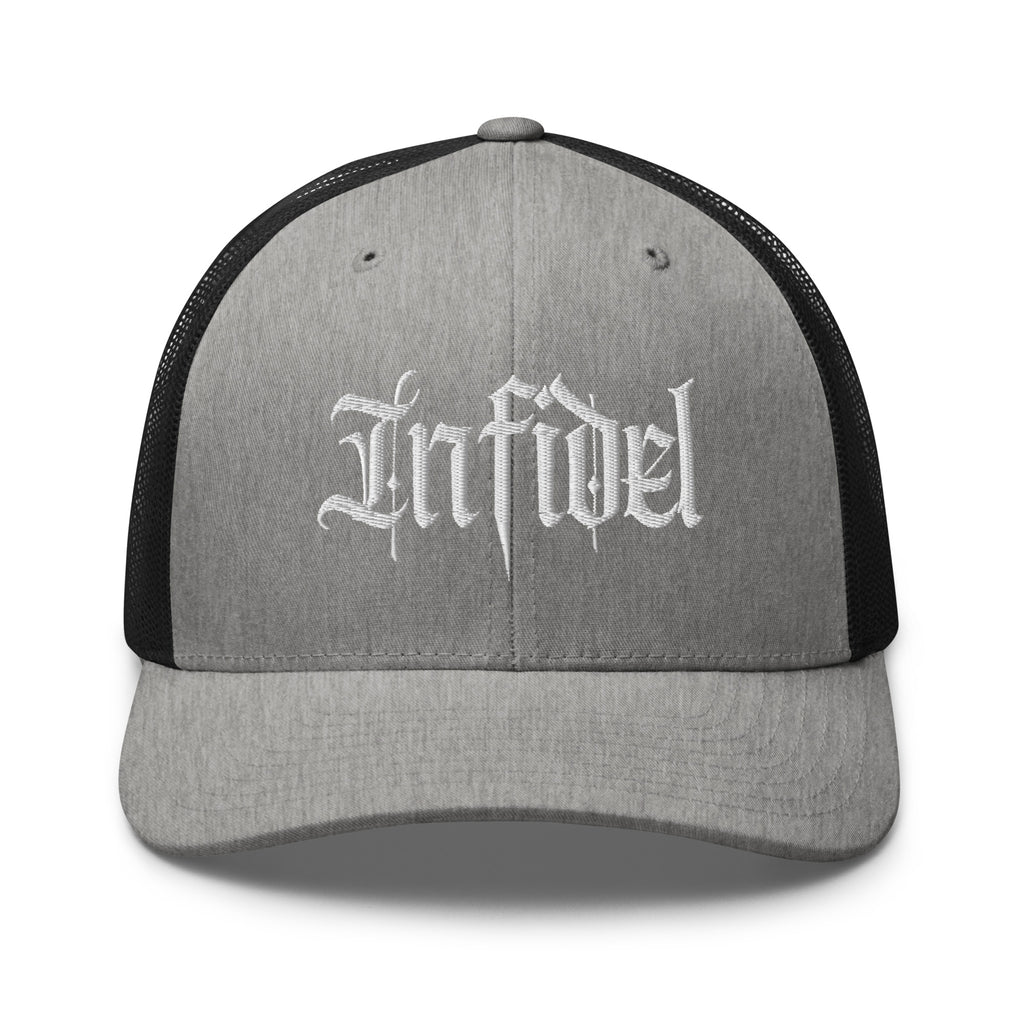 Heather Black snapback trucker cap with embroidered Infidel Script design, front view