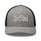 Heather Black snapback trucker cap with embroidered Infidel Script design, front view
