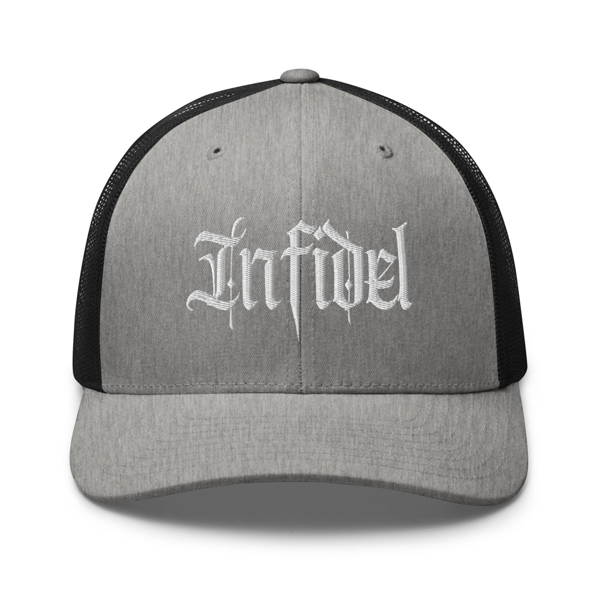 Heather Black snapback trucker cap with embroidered Infidel Script design, front view