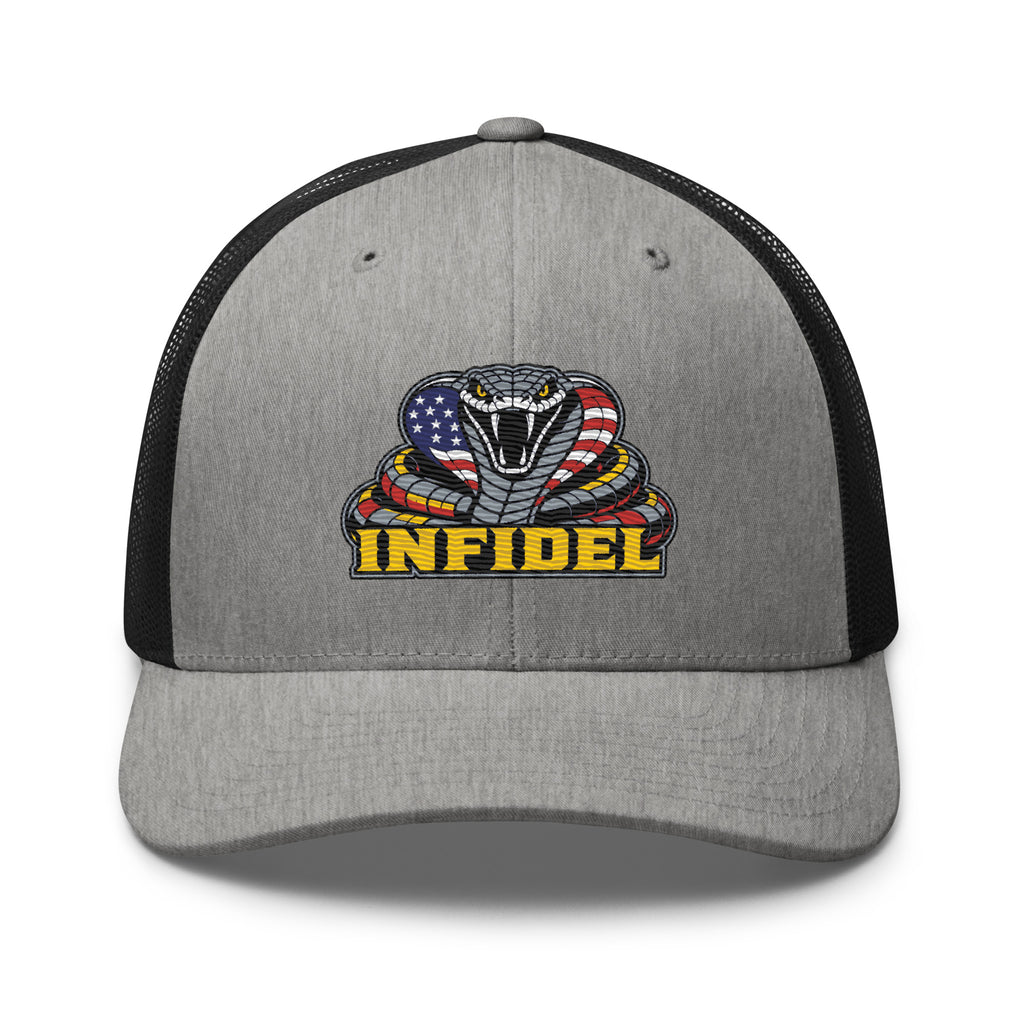 Heather Black mesh-back trucker cap with embroidered INFIDEL USA Flag Cobra front design, front view