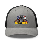 Heather Black mesh-back trucker cap with embroidered INFIDEL USA Flag Cobra front design, front view