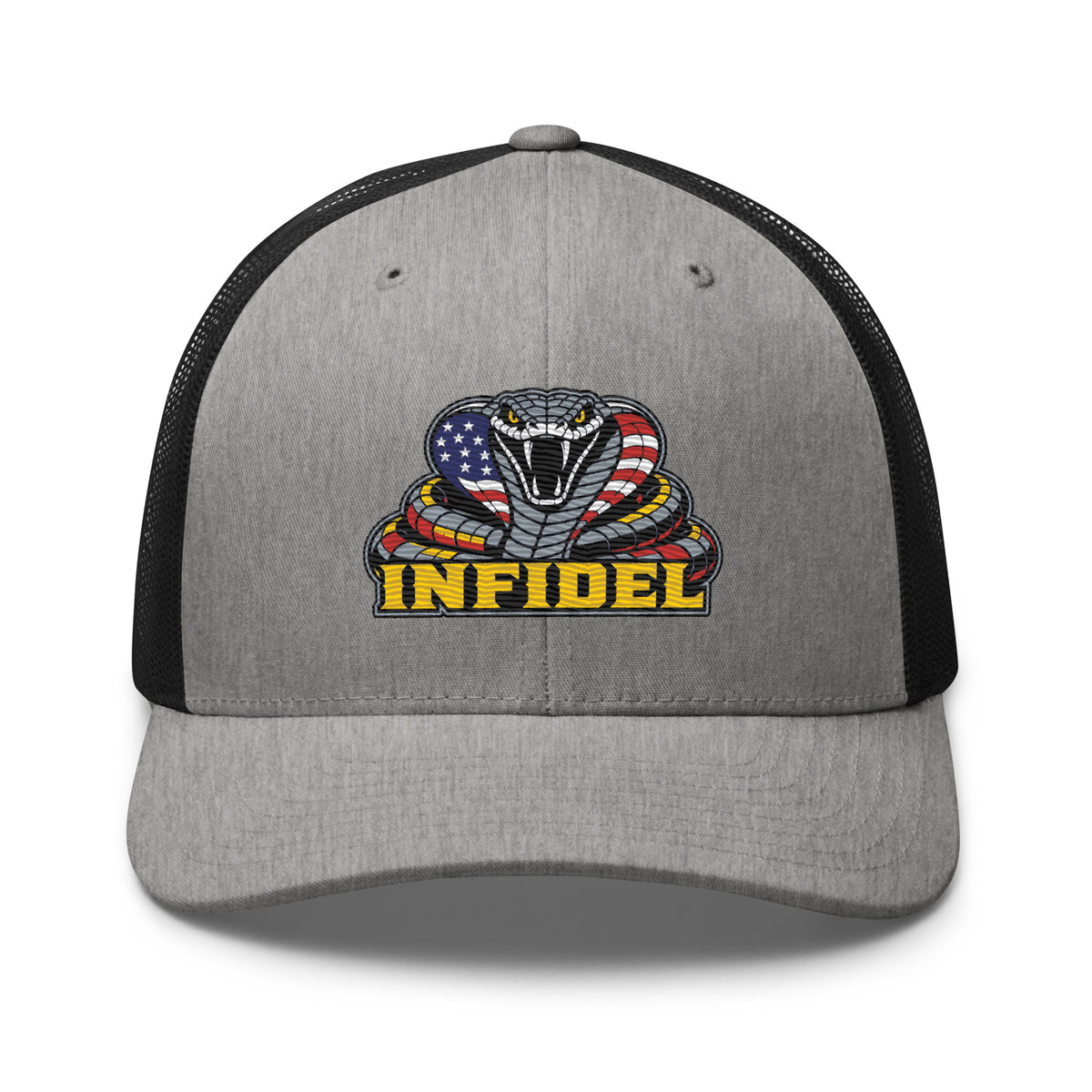 Heather Black mesh-back trucker cap with embroidered INFIDEL USA Flag Cobra front design, front view