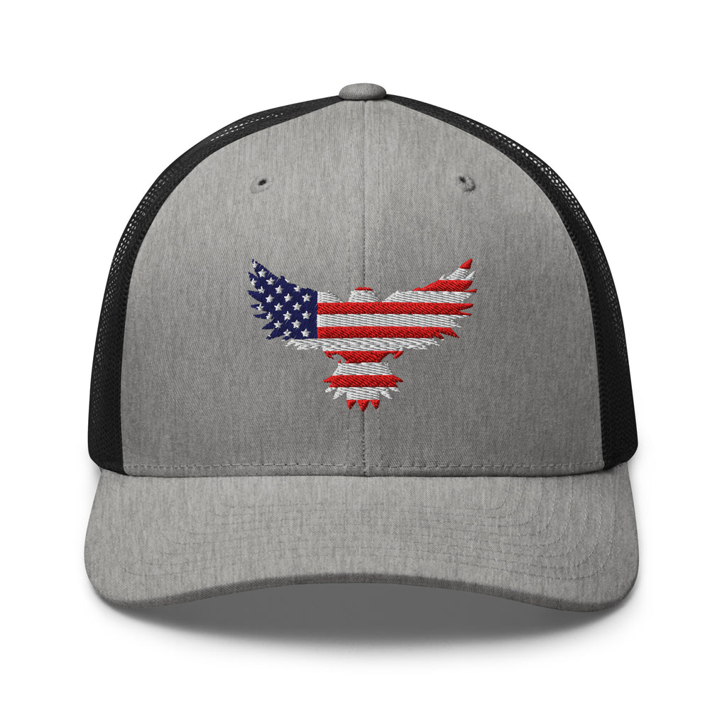 Heather Black trucker snapback cap, front view with Old Glory Eagle embroidery