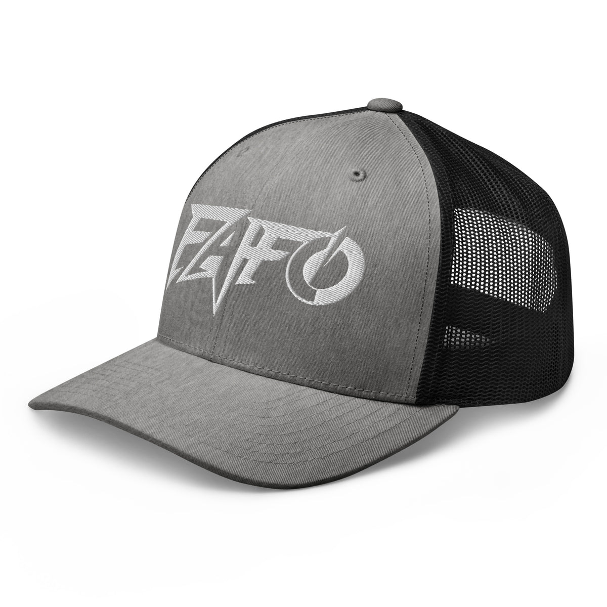 Heather Black snapback trucker cap with embroidered FAFO Power design, left front view