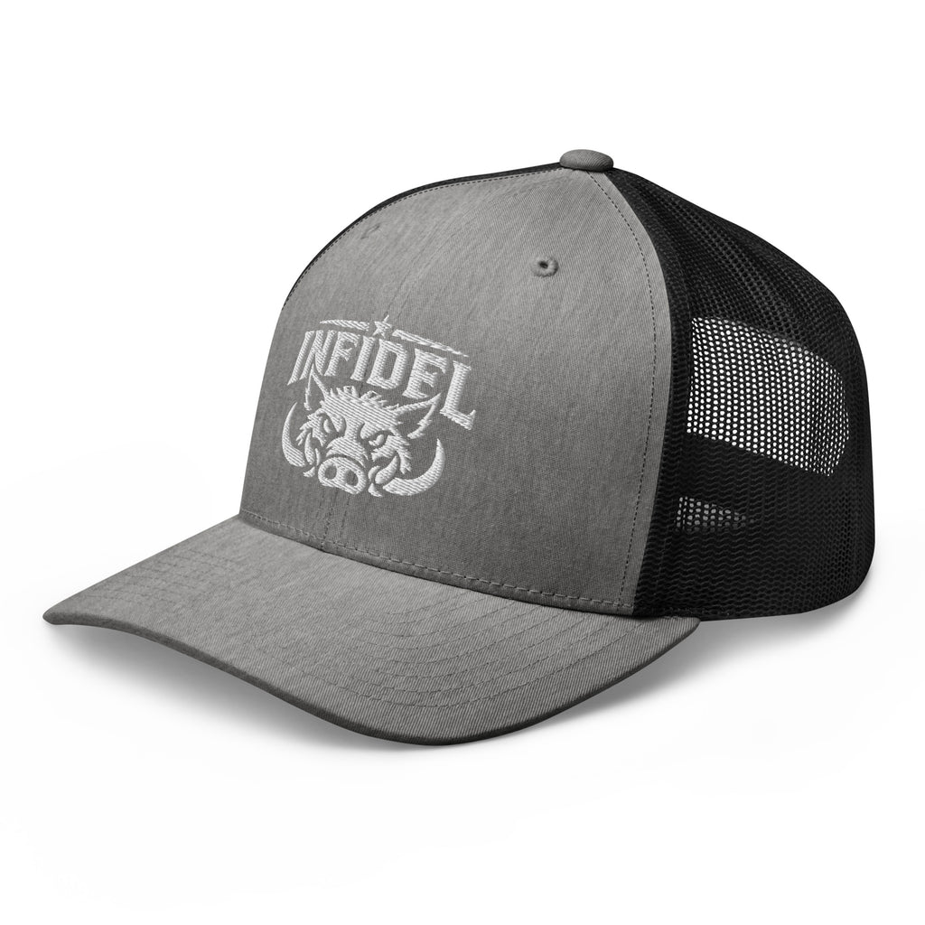 Heather Black snapback trucker cap with embroidered INFIDEL War Pig design, left front view