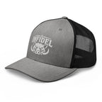 Heather Black snapback trucker cap with embroidered INFIDEL War Pig design, left front view