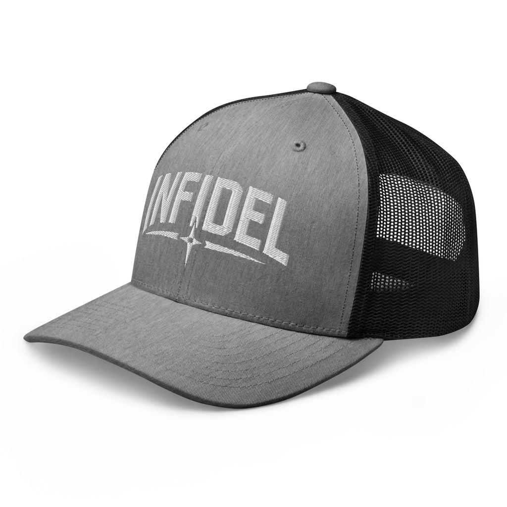 Heather Black snapback trucker cap with embroidered Infidel Spike design, left front view