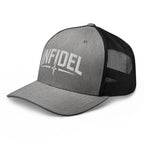 Heather Black snapback trucker cap with embroidered Infidel Spike design, left front view