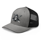 Heather Black snapback trucker cap with embroidered Only Fear Infidel reaper design, left front view