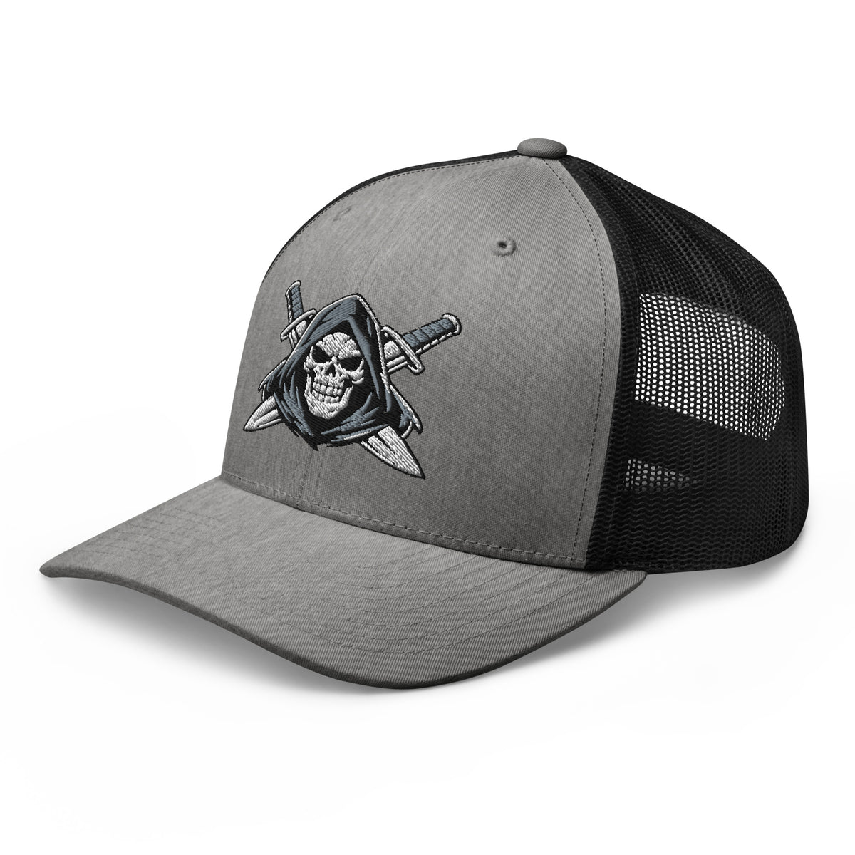 Heather Black snapback trucker cap with embroidered Only Fear Infidel reaper design, left front view