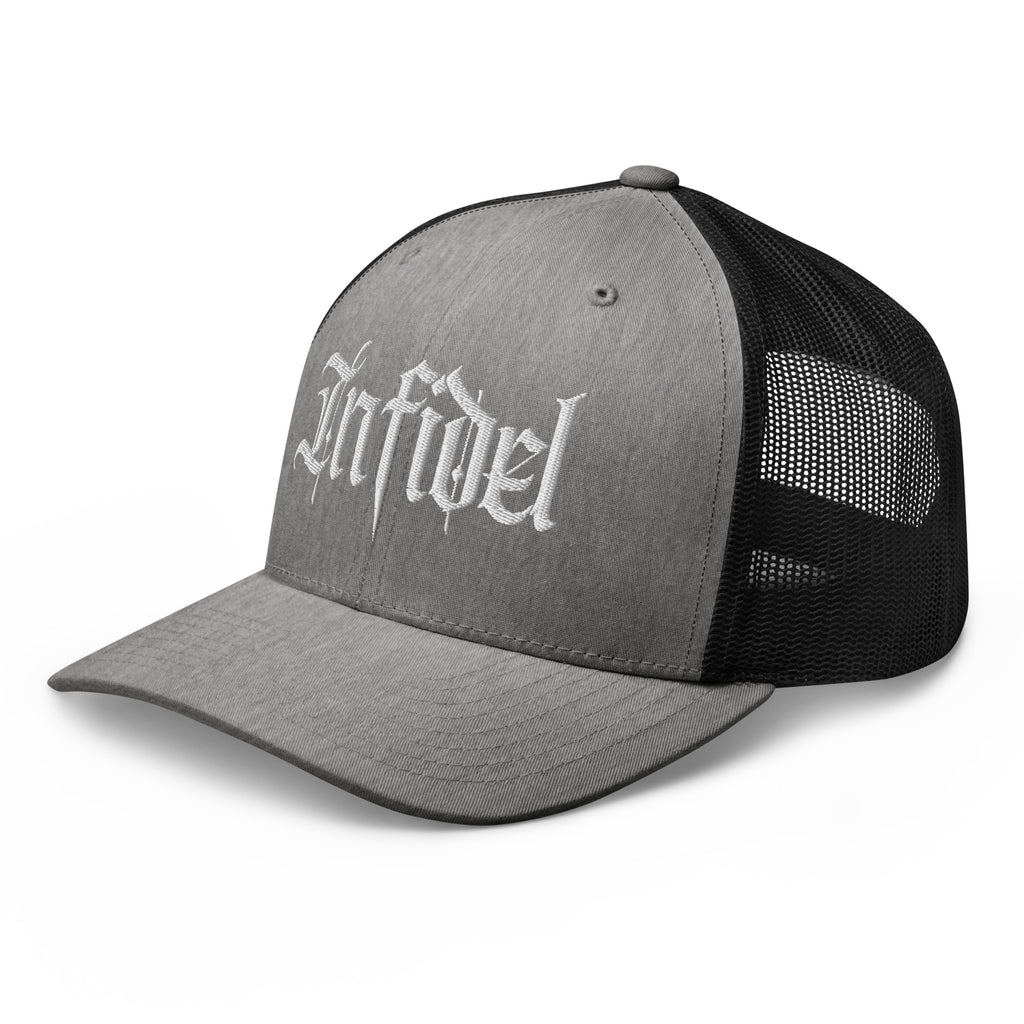 Heather Black snapback trucker cap with embroidered Infidel Script design, left front view