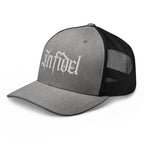 Heather Black snapback trucker cap with embroidered Infidel Script design, left front view