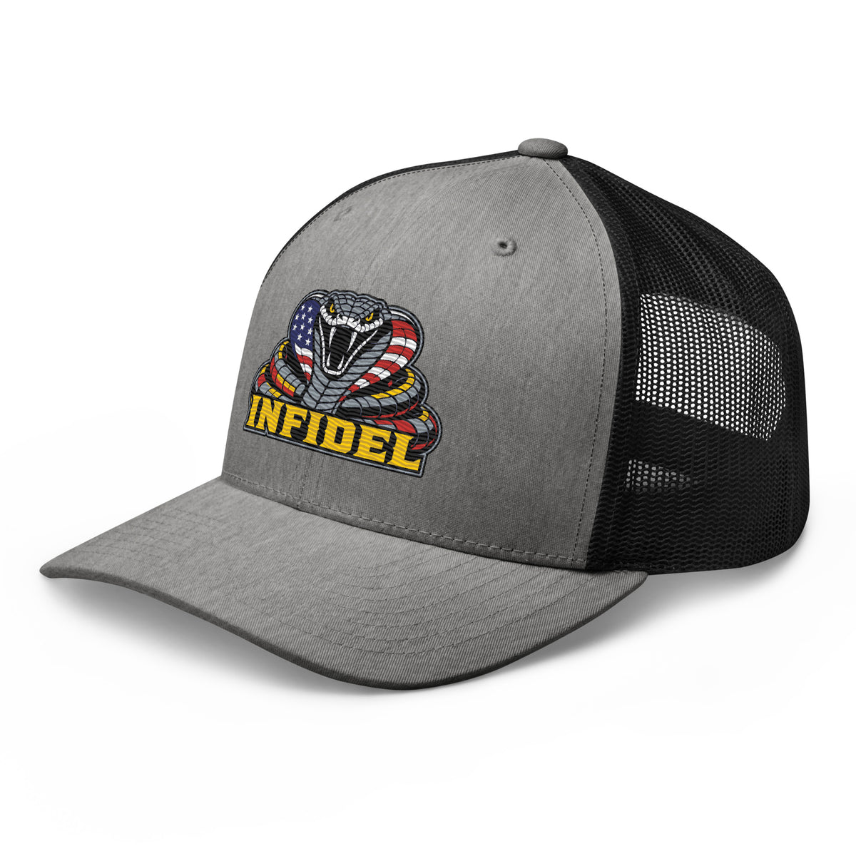 Heather Black mesh-back trucker cap with embroidered INFIDEL USA Flag Cobra design, left front view