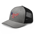 Heather Black trucker snapback cap, left front view with Old Glory Eagle embroidery