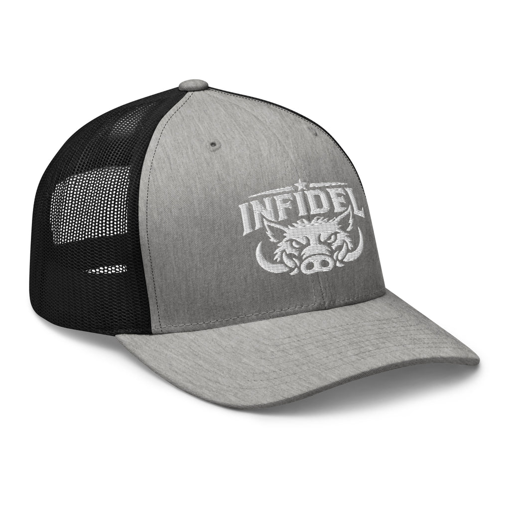 Heather Black snapback trucker cap with embroidered INFIDEL War Pig design, right front view