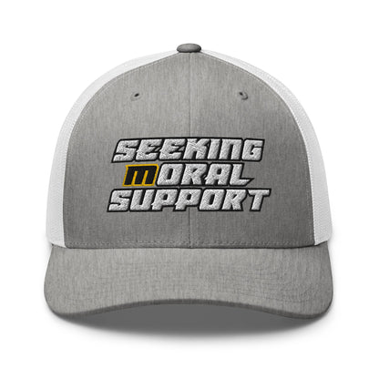 Heather-Grey-White Snapback Custom Trucker Hat – Funny NSFW Seeking M-oral Support Vulgar Humor Infidel Collective